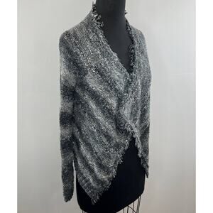 360 SWEATER Gray Stripe Fuzzy Chunky Knit Acrylic Wool Draped Cardigan Sweater S